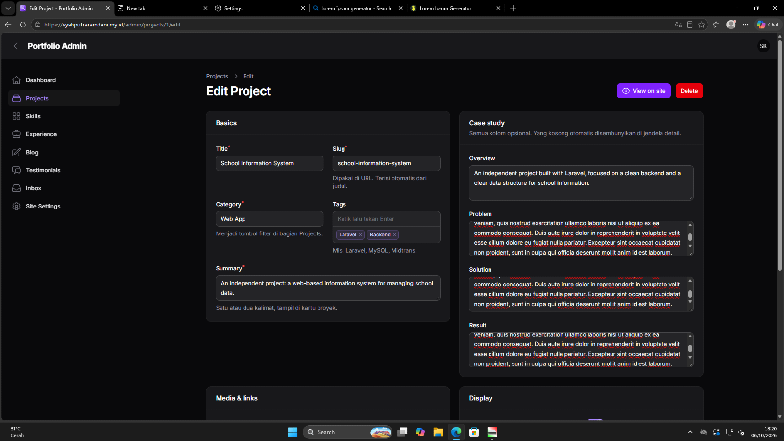 Screenshot of School Information System